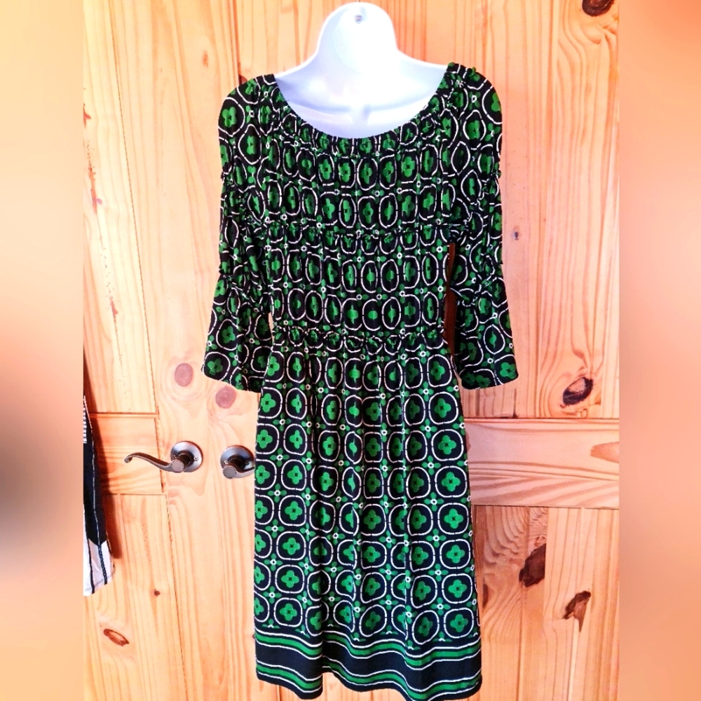 MAX EDITION Dress Abstract Geometric Stretch Detailing Black & Green Size L